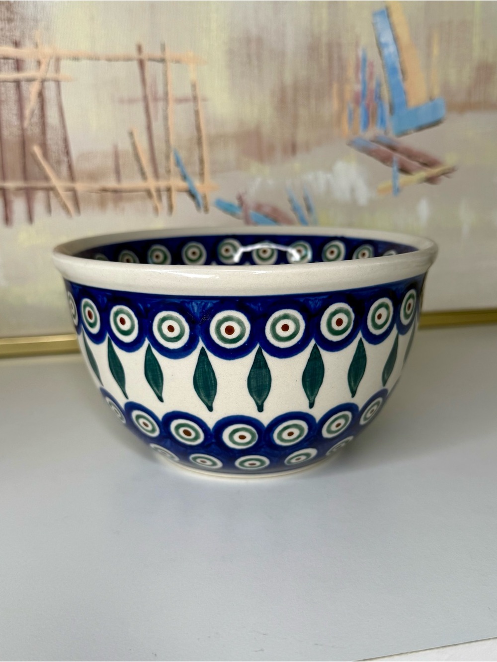 Polish Pottery Mixing Serving Bowl Peacock Leaves Blue Green Boleslawiec Poland